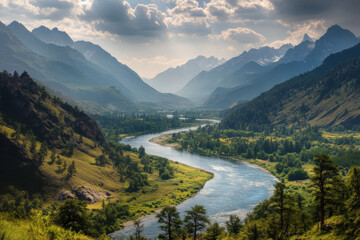 Obraz premium A wide river winding through a lush valley, its waters sparkling in the sunlight. The valley is surrounded by towering mountains, their peaks capped with snow. The air is fresh and cool, 