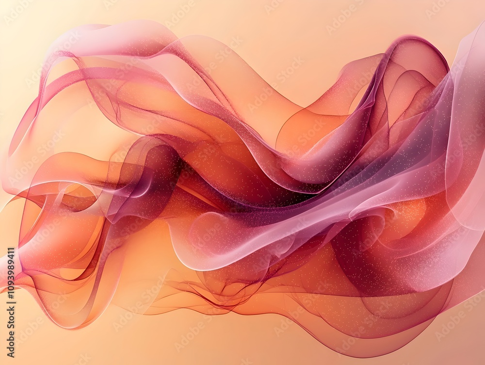 Poster a dynamic abstract composition featuring flowing waves of translucent fabric in warm tones of red, p