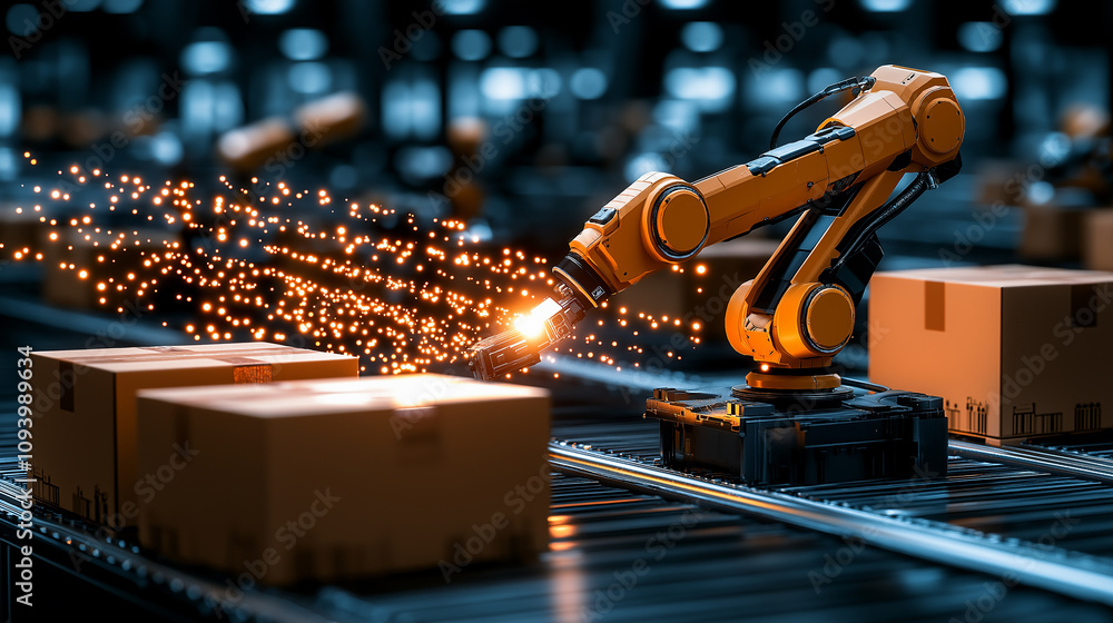 Poster advanced robotic arm working efficiently in modern warehouse