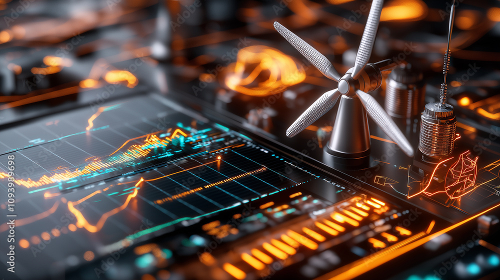 Poster advanced control center with wind turbine and data visualization tools