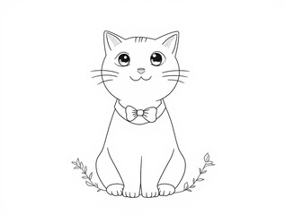 Adorable Outline Drawing of a Cat Wearing a Bow Tie, Simple Line Art Illustration of a Feline with Delicate Floral Accents, Perfect for Coloring Pages, Greeting Cards or Children's Book Illustrations