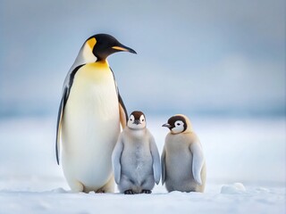 Serene Minimalist Scene of Emperor Penguins with Chick in a Snowy Landscape, Capturing the Bond of Family in Nature's Quiet Embrace