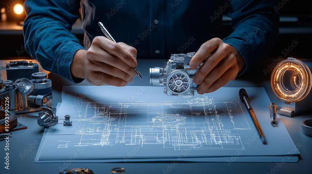 Poster industrial designer sketching mechanical blueprints with precision
