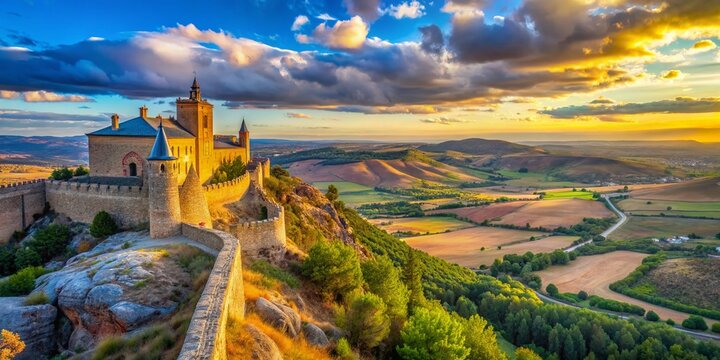 Serene Minimalist View of Segovia's Eresma Valley from Mirador del Valle del Eresma, Showcasing the Alcazar in Castile and Leon, Spain's Stunning Landscape