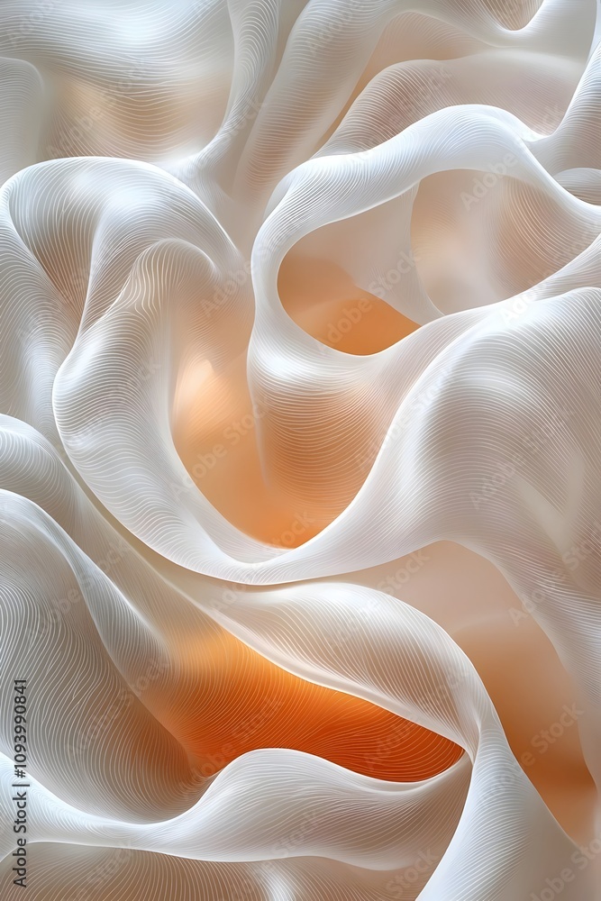 Aufkleber an abstract close-up of flowing white fabric with intricate textures, featuring soft orange hues pee