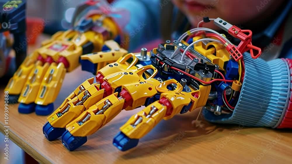 Leinwandbilder During a creative workshop, a child explores a vibrant robotic hand model, assembling its components while learning about engineering and technology.
