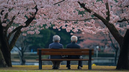 Happy senior old Asian couple sitting on a bench under Japanese sakura blossoms in spring