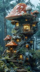 Obraz premium Enchanted Mushroom House in a Magical Forest: A Whimsical Fantasy Home