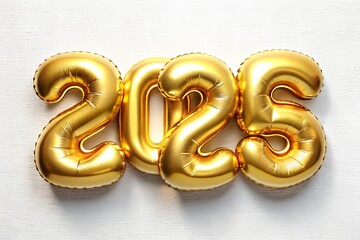 2025 Isolated on white background with shiny golden numbers made from air balloons. Happy New Year celebration