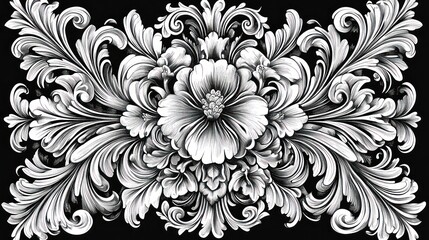 Intricate black and white floral design featuring ornate swirls and a central flower.