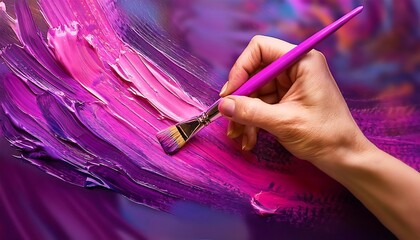 A hand holding a paintbrush is drawing bright pink and purple lines on a canvas.