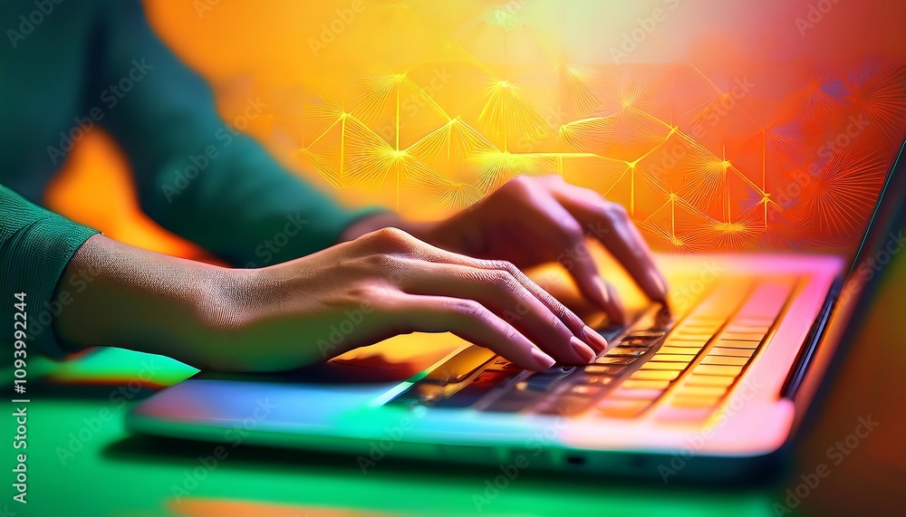 Poster a pair of hands are typing on a laptop keyboard. the background is abstract shapes in orange and gre