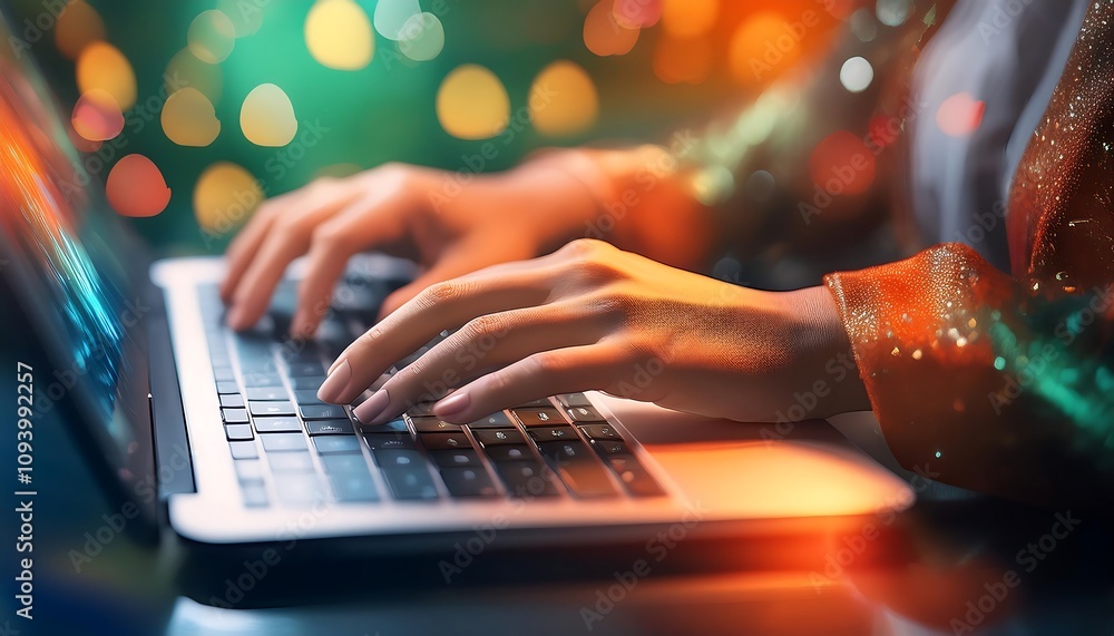 Poster a pair of hands are typing on a laptop keyboard. the background is abstract shapes in orange and gre