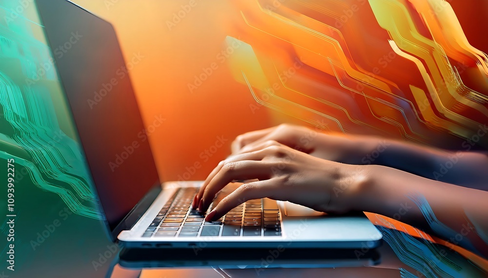 Poster a pair of hands are typing on a laptop keyboard. the background is abstract shapes in orange and gre