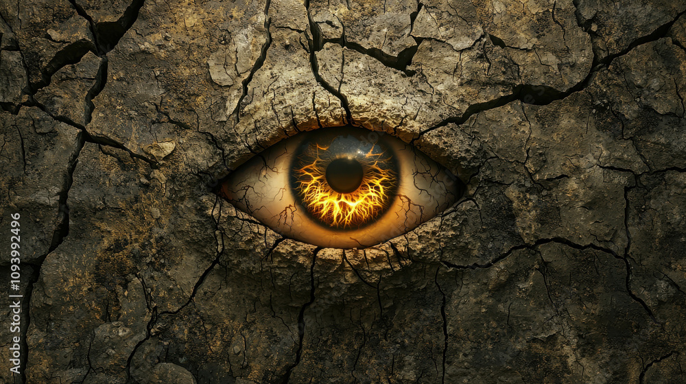 Poster an enigmatic eye gazing upward from within a cracked surface, symbolizing depth and intrigue in a st