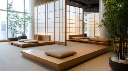 A Japanese-inspired workspace with low wooden seating, shoji screens, and natural potted bamboo