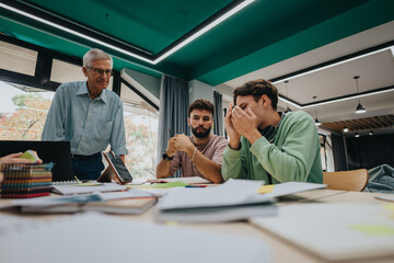 A senior professor provides guidance to university students working together on a project. The group is engaged in discussion, fostering learning and collaboration in an academic setting.