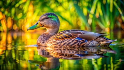 Obraz premium Serene Reflection of a Female Mallard Duck in Tranquil Waters: A Captivating Portrait of Nature's Beauty