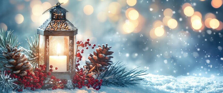 A vintage Christmas lantern with a glowing candle, surrounded by snow-dusted pine cones, red holly berries, and evergreen branches on a snowy background, perfect for use in Christmas cards, banners