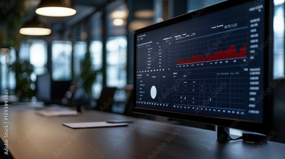 Poster Modern Open Concept Workspace Featuring Collaborative Tables and Screens with Data Visualizations for a Productive Work Environment