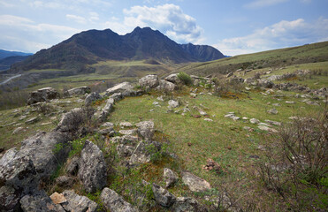 Ancient burials in the Altai mountains on terrace of the Katun and Bolshoy Yaloman rivers.