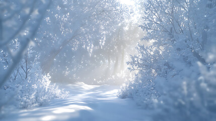 A winter wonderland featuring a dense forest blanketed in snow, with frosty branches sparkling in soft sunlight. 