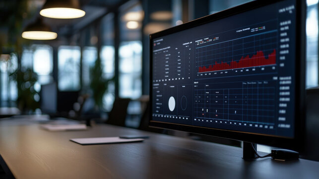 Modern Open Concept Workspace Featuring Collaborative Tables and Screens with Data Visualizations for a Productive Work Environment