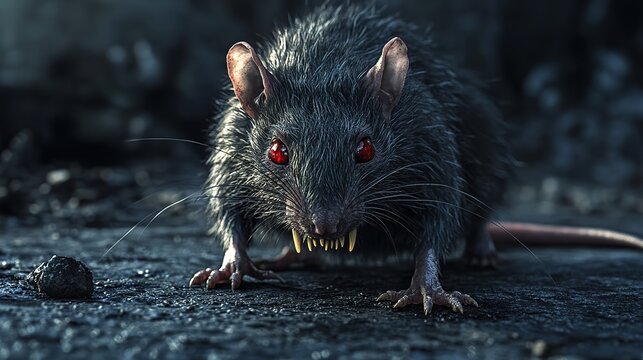 Close-up of a menacing black rat with glowing red eyes.