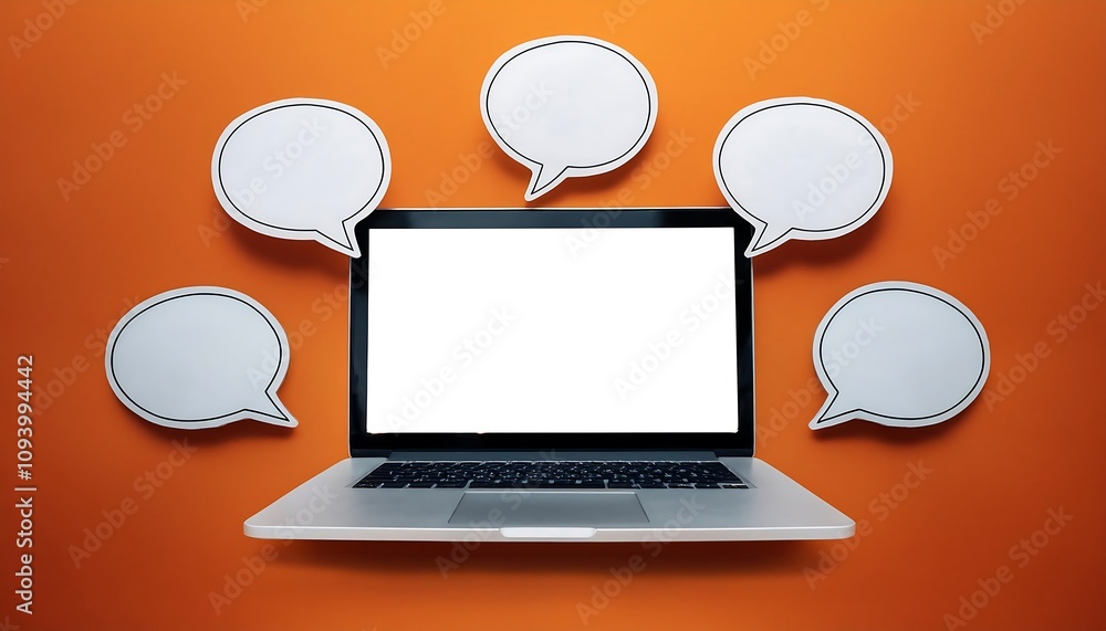 Poster laptop with blank screen surrounded by several empty speech bubbles on orange background.
