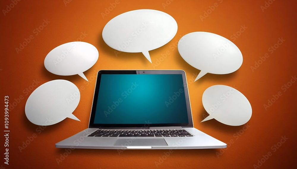 Poster laptop with blank screen surrounded by several empty speech bubbles on orange background.