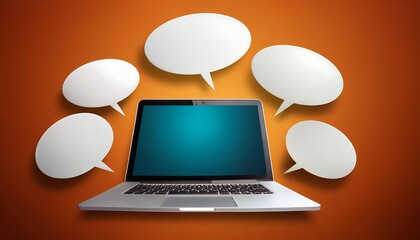 Laptop with blank screen surrounded by several empty speech bubbles on orange background.