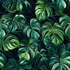 Seamless pattern of bold monstera leaves and creeping vines in dark green