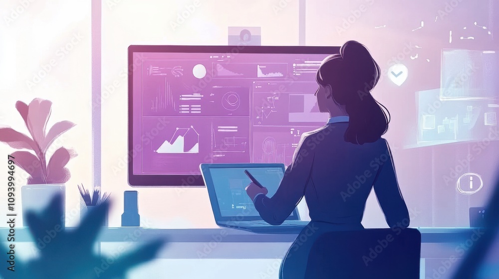Poster generative ai image of a female instructor teaching with a large laptop