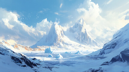 A wintry seascape of jagged icebergs and snow-covered terrain, highlighting the stark beauty of the polar region. 