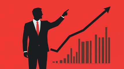 A silhouette of a businessman in a suit points upward against a red background, showcasing an ascending graph symbolizing growth and success.