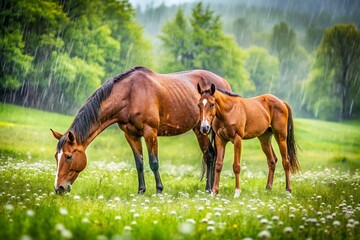 Fototapeta premium Serene Spring Rain: Two Pregnant Thoroughbred Broodmares Grazing in a Lush Pasture Under Gentle Showers