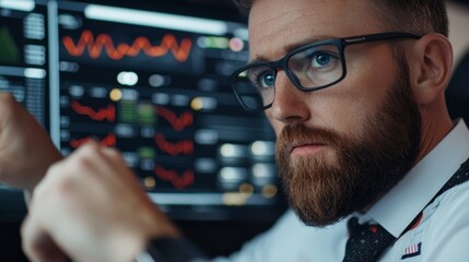 A focused professional analyzes data on multiple screens, showcasing a modern workspace with financial graphs and statistics.