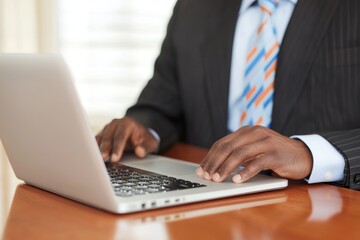 A professional individual typing on a laptop in a business setting, wearing a suit and tie, suggesting productivity and focus.