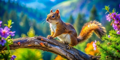 Obraz premium Serene Squirrel Perched on a Tree Branch, Observing Lush Natural Scenery in a Panoramic Landscape of Tranquil Wilderness, Perfect for Nature Enthusiasts and Wildlife Lovers