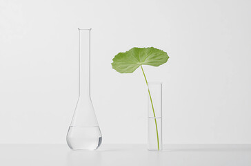 A glass test tube and an acrylic cylindrical vase, filled with water and a single green lotus leaf on a white background