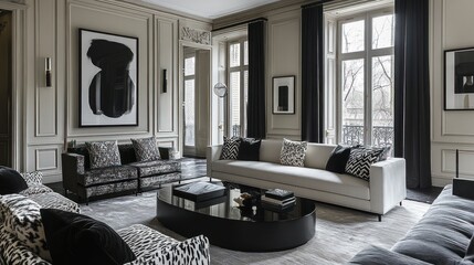 Obraz premium Modern living room with elegant furnishings and monochrome decor.