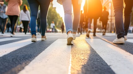 Fototapeta premium A pedestrian crosswalk with diverse people walking across in an organized urban area