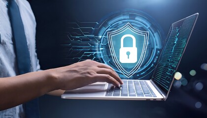 Person hand using laptop with digital shield and padlock icon overlay on image.