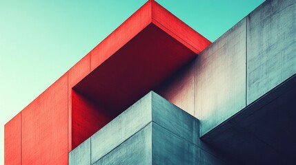Abstract architectural composition featuring contrasting geometric shapes and colors.