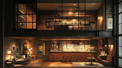 A modern, stylish interior featuring a kitchen and lounge area with warm lighting.