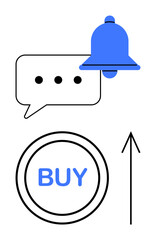 Blue notification bell on chat bubble beside buy button with upward arrow. Ideal for e-commerce, online shopping, marketing, sales promotions, customer engagement, digital strategy, user