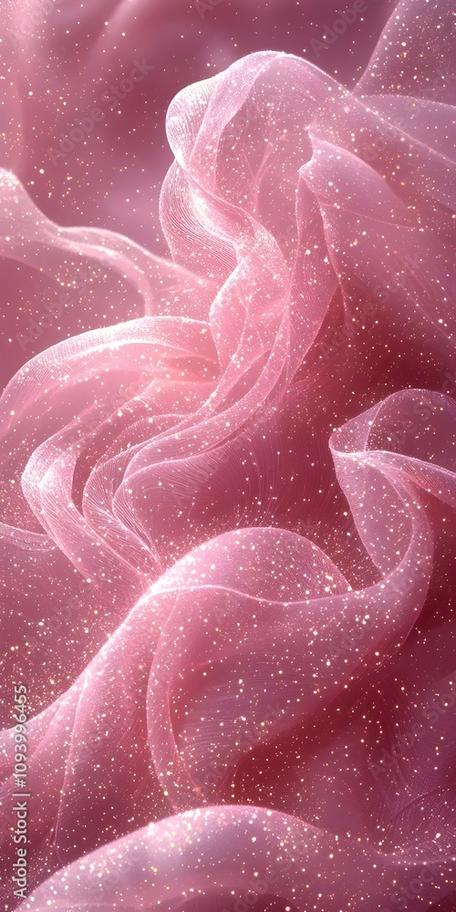 Poster an ethereal composition of soft pink fabric flowing gracefully, adorned with subtle sparkles, creati