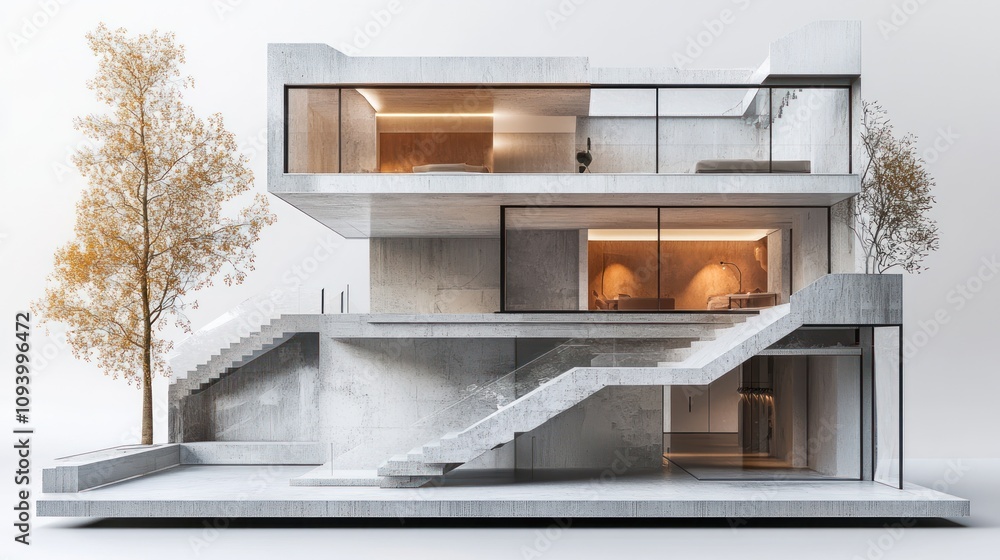 Poster modern architectural design featuring a multi-level concrete structure with large windows.