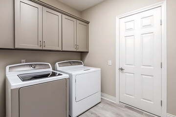 Modern Laundry Room Interior Design: Clean, Organized Space with Stylish Cabinets and Appliances