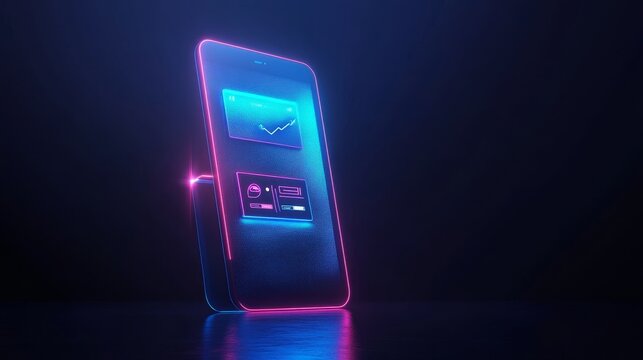 A futuristic smartphone with glowing edges and a digital interface displaying data trends.